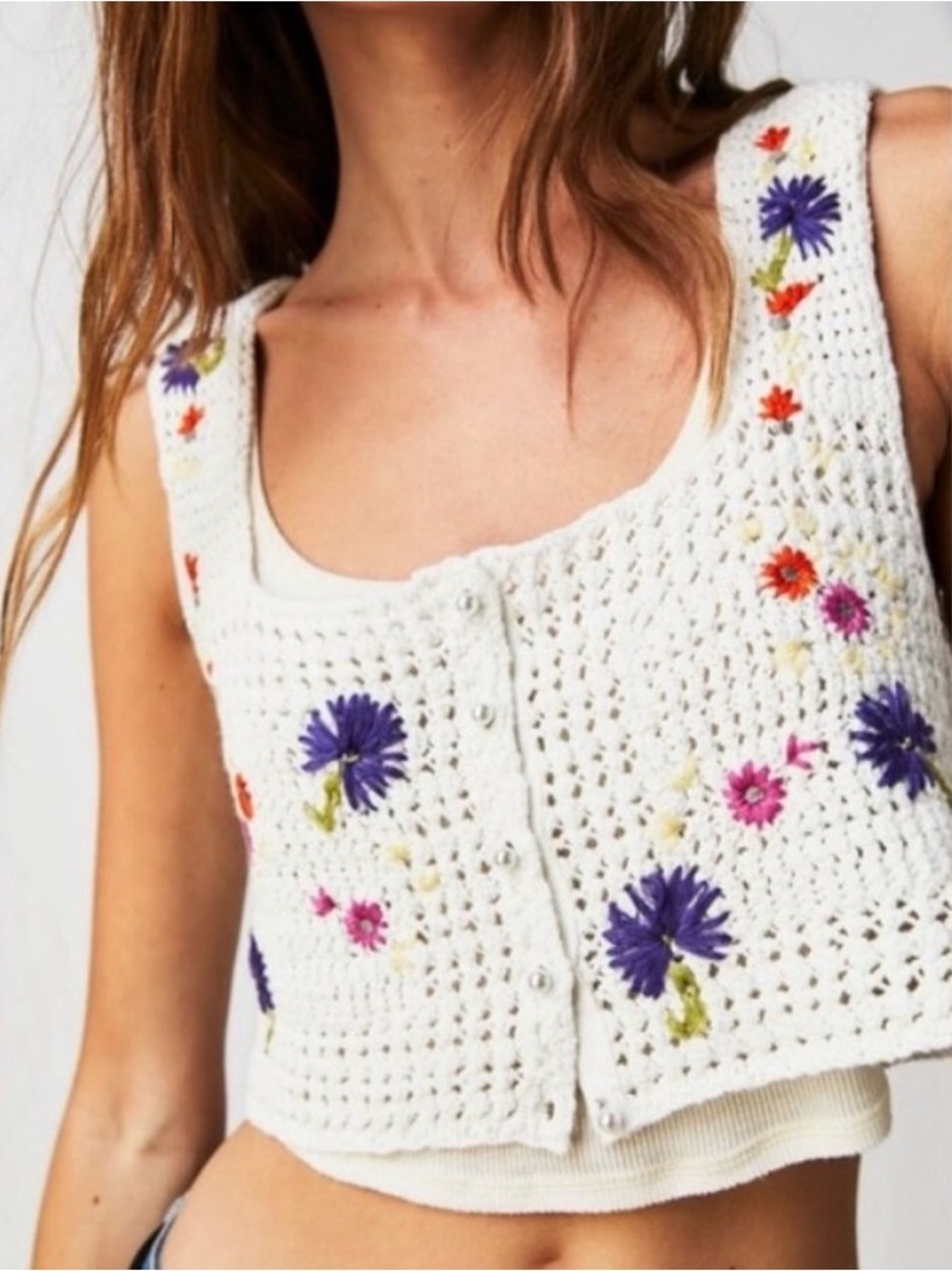 Free People Wildflowers Crochet Tank Crop Top White Floral Flowers Size XL